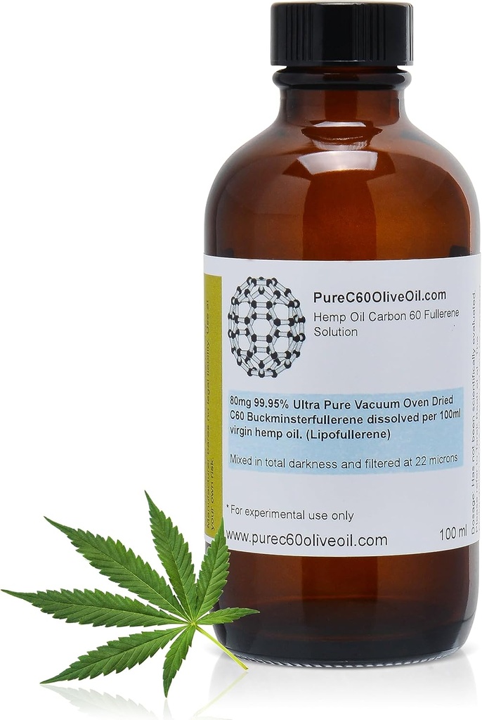 PureC60OliveOil C60 Organic Hemp Seed Oil 100ml / 3.4 Fl Oz - 99.95% Carbon 60 Solvent Free 80mg - Amber Glass Bottle - Grado de Alimentos - Carbono 60 Hemp Oil - del productor mundial líder