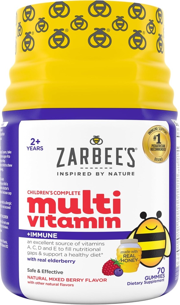 Zarbee's Complete Kids Multivitamin Gummies + Immune Support, Berry Flavor, Honey-Sweetened, Gluten-Free & Gelatin-Free, Vitaminas A, C, D3, E, B6, B12, Folic Acid &amp; B-Complex, 70 Cuenta