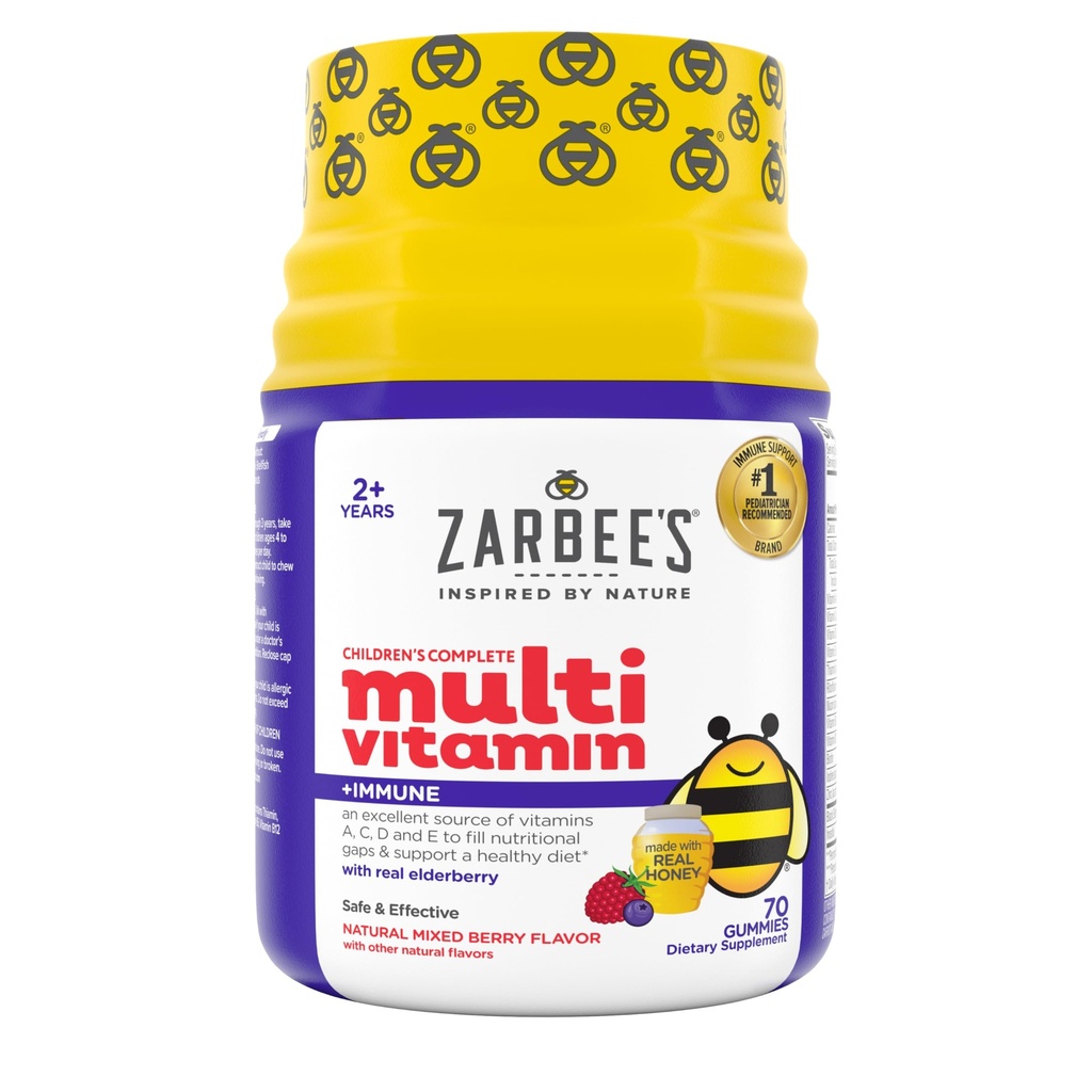 Zarbee's Complete Kids Multivitamin Gummies + Immune Support, Berry Flavor, Honey-Sweetened, Gluten-Free & Gelatin-Free, Vitaminas A, C, D3, E, B6, B12, Folic Acid &amp; B-Complex, 70 Cuenta