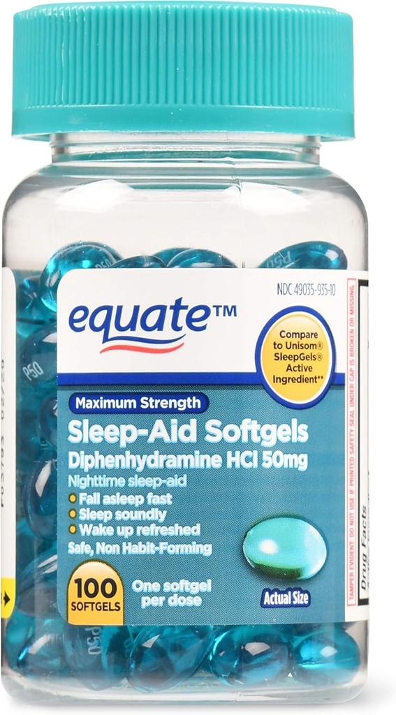 Equate Maximum Strength Sleep-Aid Softgels, 50 mg, 100 conteo