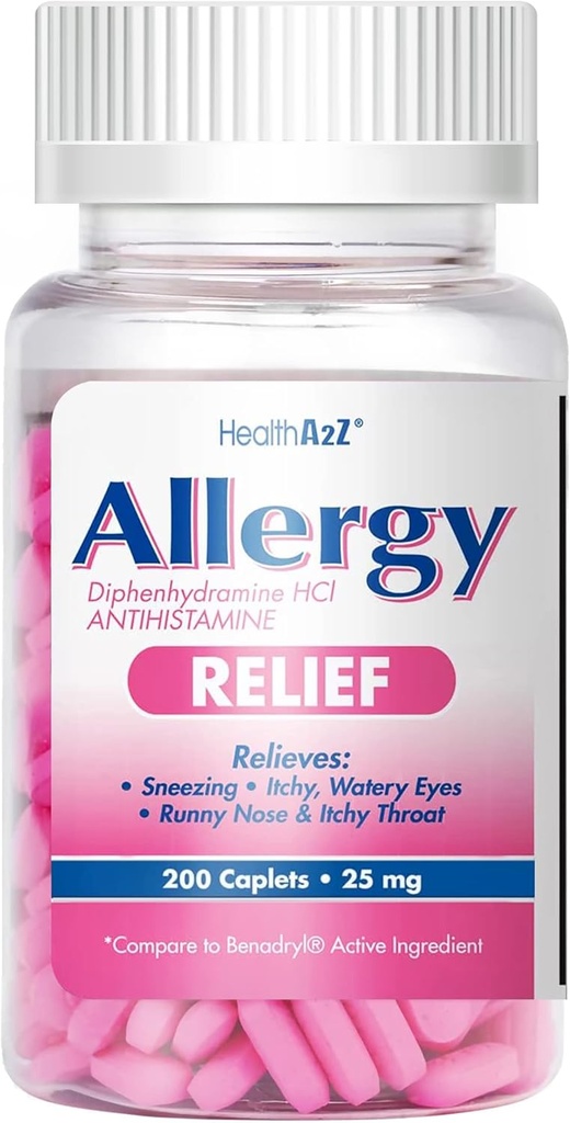 HealthA2Z® Allergy Relief | Diphenhydramine HCL 25mg | Antihistamine | Relief from Itchy Throat, Sneezing, Runny Noses | Indoor & Outdoors Allergies (200 Caplets (Pack of 1))