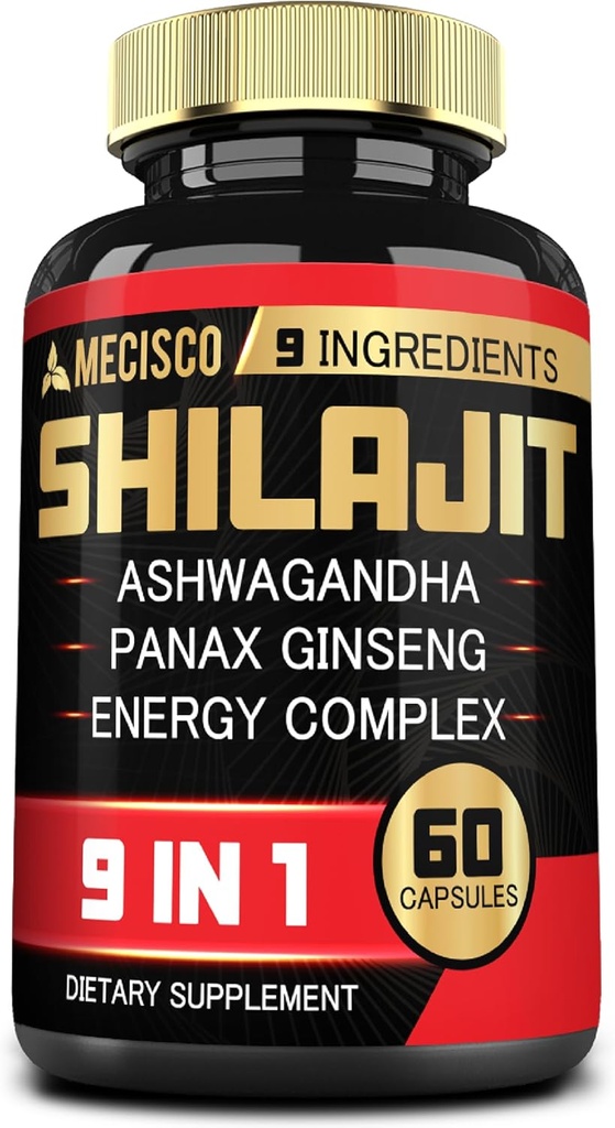Shilajit Suplemento con Ashwagandha Root, Panax Ginseng, L-Arginine, Chaga &amp; More - Shilajit Pure Himalayan Orgánico - Sistema inmunológico, producción energética, resistencia &amp; cómodo Mood - 60 cápsulas
