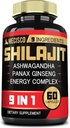 Shilajit Suplemento con Ashwagandha Root, Panax Ginseng, L-Arginine, Chaga &amp; More - Shilajit Pure Himalayan Orgánico - Sistema inmunológico, producción energética, resistencia &amp; cómodo Mood - 60 cápsulas