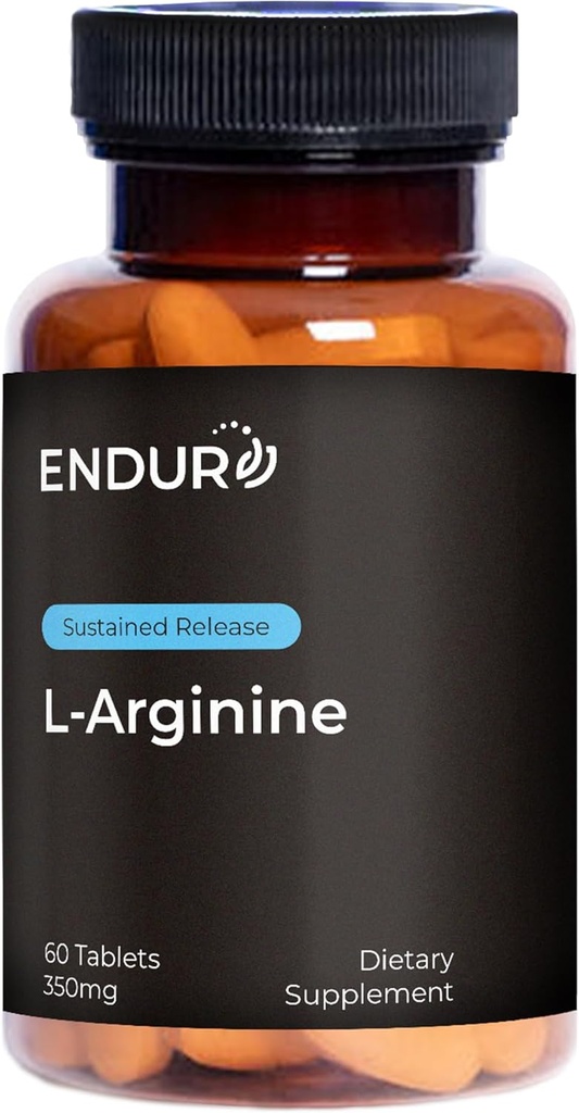 Suplemento L-Arginina de Endur, ayuda a apoyar la función sana del flujo de sangre " corazón, ejercicio " salud inmune, sin gluten, 350 mg (60 tablas)