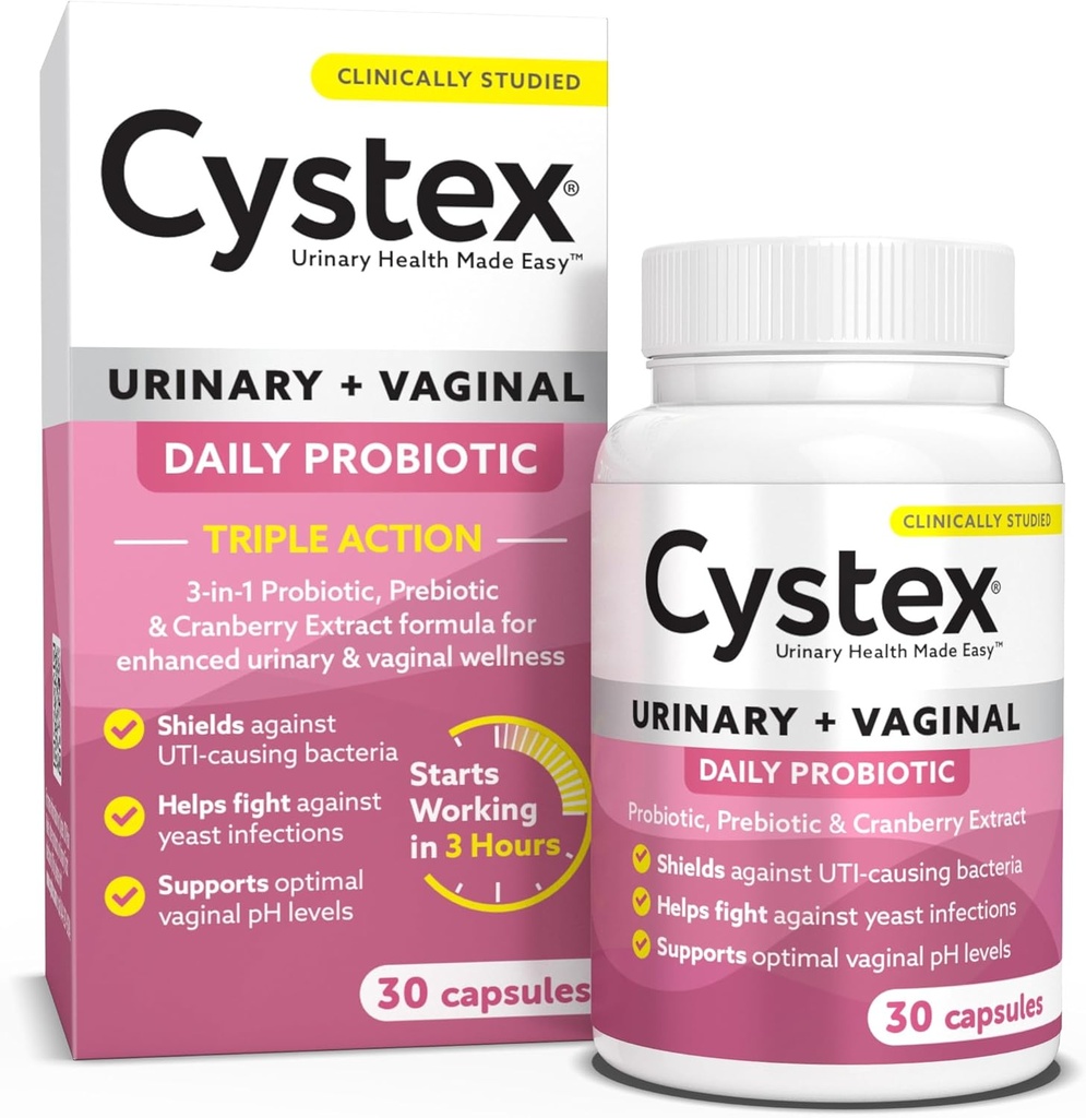 Cystex 3-in-1 Urinary Tract Probiotic for Women - Fast-Acting UTI & Yeast Infection Support with Prebiotics, Probiotics, & Cranberry - Supports Vaginal pH & Flora Balance - 30 Capsules