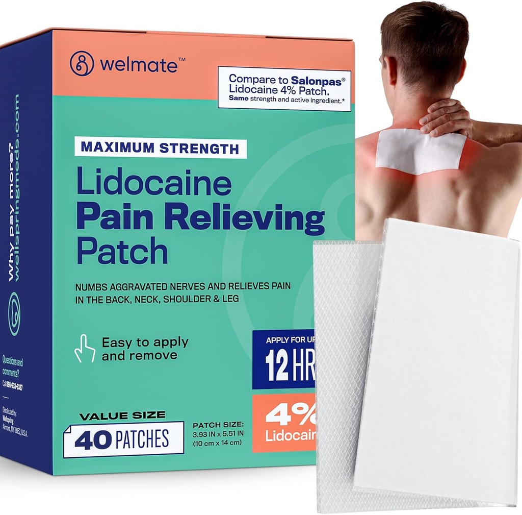 Patches de dolor WELMATE Lidocaína de fuerza máxima 4% Topical Numbing Analgesic – Lidocaine Patches for Nerve & Back Pain Relief, Sciatica, Neck Muscle Strain, Knee, Agujero Conjunto, Hip, Pie (40ct)