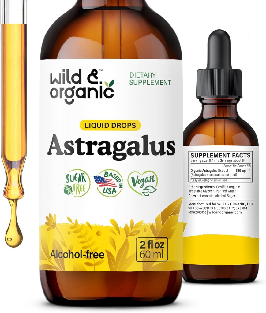 Wild &amp; Organic Astragalus Tincture - Immune Support Drops w/Astragalus Root Extract - Suplemento herbal para la calma " Relajación - Vegan, Azúcar " Alcohol Gratis - 2 fl oz
