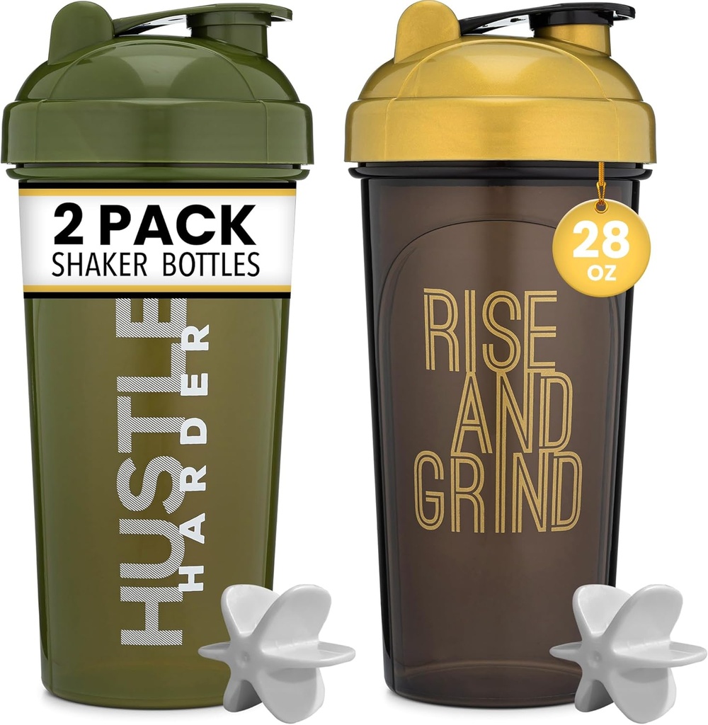 [2 Pack] 28oz Botella Shaker con citas motivacionales (Black/Gold & Moss)   Protein Shaker Bottle with Mixer Agitators ← Blender Shaker Bottle for Protein Mixes Pack es BPA Gratis y Dishwasher Safe