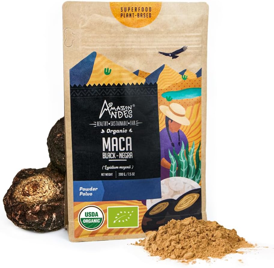 Andes Black Maca Root Powder (Lepidium meyenii) - contiene Carbohidratos " Minerales - Adaptogen superfood " Health Promoter - Gelatinized, Vegan, Non-GMO " Allegen-free - 7 Ounce (40 Servings)