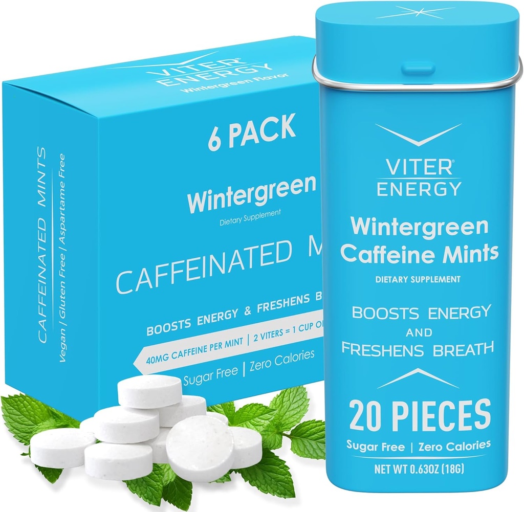 Viter Energy Caffeinated Mints 40mg Caffeine, B Vitaminas, Sugar Gratis. (Wintergreen, 20pcs, 6 Pack)