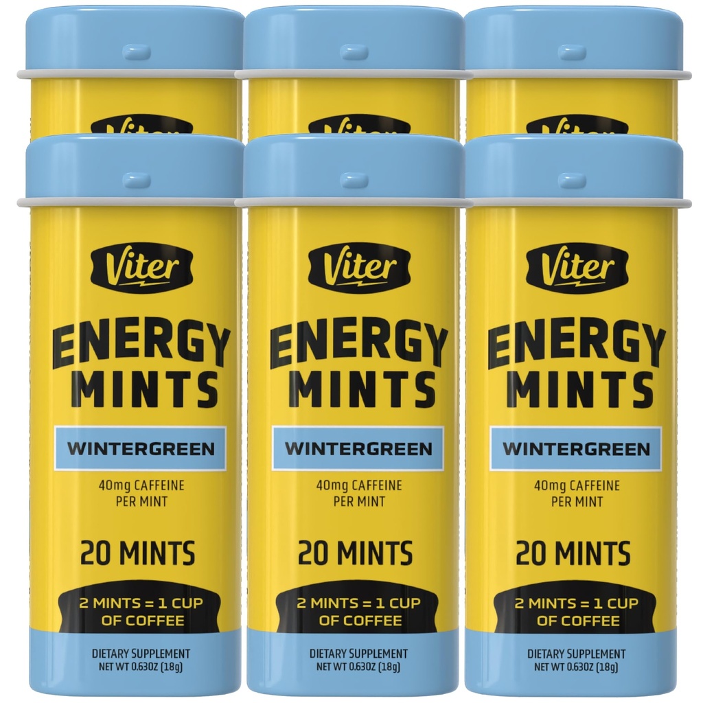 Viter Energy Caffeinated Mints 40mg Caffeine, B Vitaminas, Sugar Gratis. (Wintergreen, 20pcs, 6 Pack)