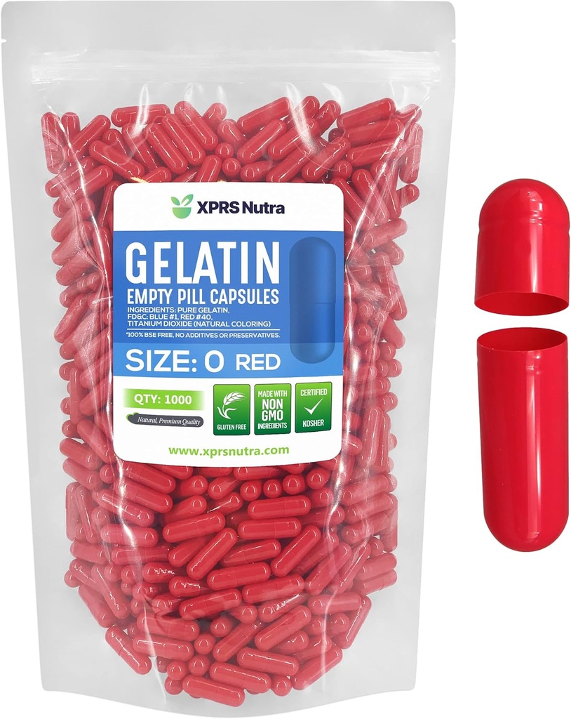 XPRS Nutra Size 0 Empty Capsules - 1000 Conde Empty Gelatin Capsules - Pills DIY Capsule Filling - Pure Bovine Pill Gel Caps for Do-It-youself Supplements (Red)