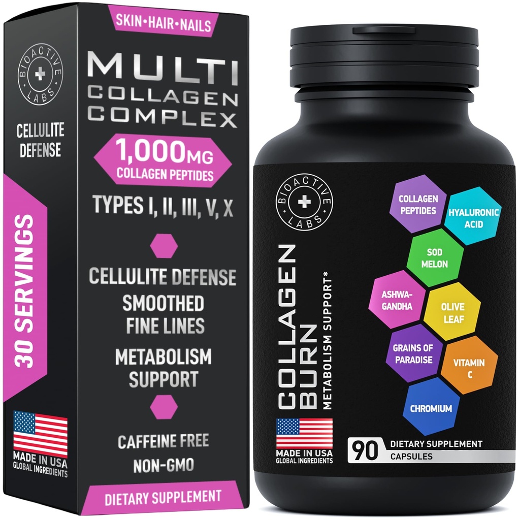 Multi Collagen Burn for Women & Men - 1,000mg Type I, II, III, V, X Hydrolyzed Collagen Peptides, Hyaluronic Acid, Vitamin C - Metabolism, Cellulite, Skin Elastisity Support - 90 Collagenic Burn Caps
