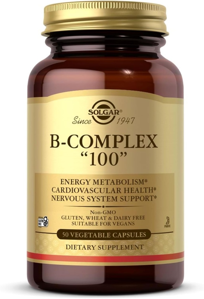 Solgar B-Complex 100" - 50 cápsulas vegetales - Metabolismo energético, soporte del sistema nervioso - No GMO, Vegan, Gluten Gratis - 50 servicios