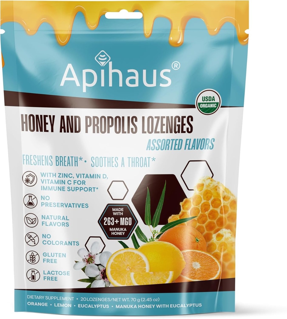 Sabores surtidos de miel y propóleos, Respiración de frescos - Soothes a Throat- Immune Apoyo con vitamina C, vitamina D y zinc, 20 Con