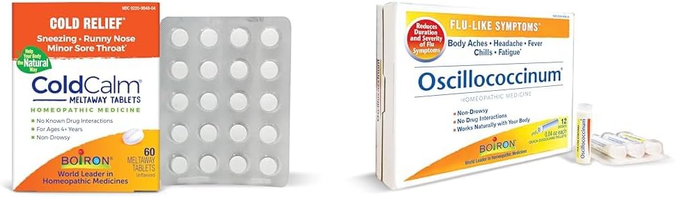 Boiron ColdCalm Tablets for Relief of Common Cold Symptoms Such as Sneezing & Oscillococcinum for Relief from Flu-Like Symptoms of Body Aches, Headache, Fever, Chills, and Fatigue - 12 Count