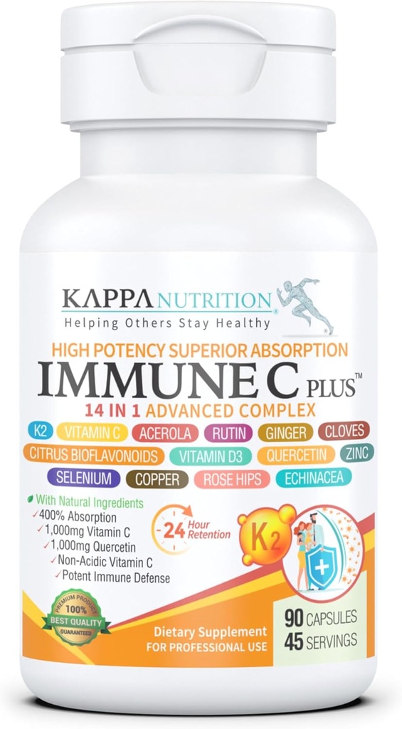 Quercetina 1000mg, Vitamina C 1000mg, Zinc 50mg, Vitamina D3 5,000iu, Selenium, Copper, Acerola, Ginger, Rutin, Bitter Orange, Rose Hips, Echinacea, Immune C Plus, 14 en 1 Immune C Plus (90 Cuenta)