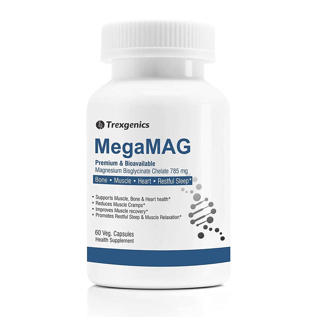 A.K. Trexgenics MegaMAG Magnesio Bisglycinate Magnesio Elemental 220 mg/2 Cápsulas con beneficios de la Glicina - Magnesio más biodisponible para el sueño, el músculo, el hueso &amp; el corazón (60 V. Cápsulas)
