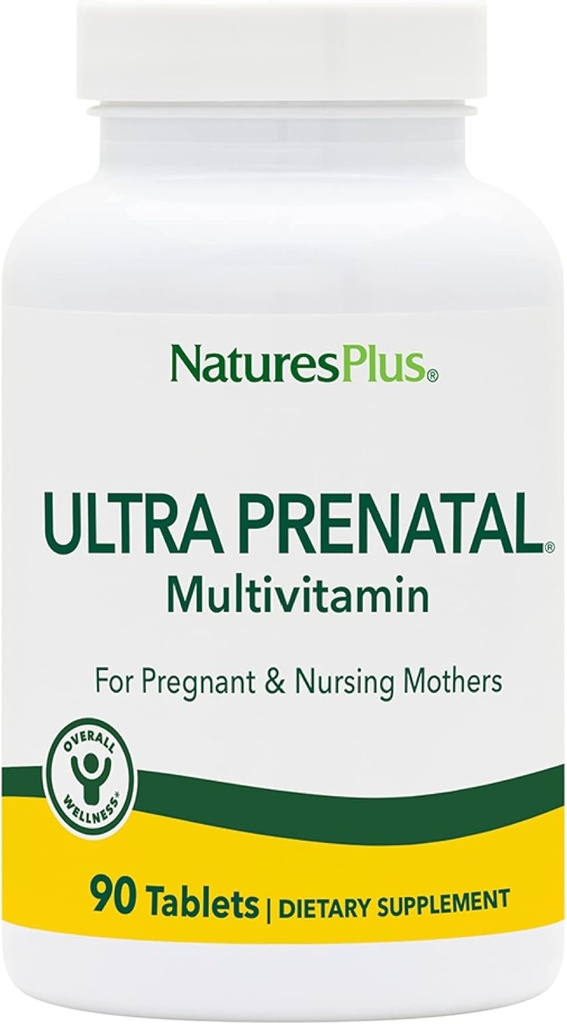 NaturesPlus Ultra Prenatal Multivitamínico - 800 mcg Folate, 90 Tabletas Vegetarianas - Suplemento prenatal con Iron, Iodine, Calcio &amp; B-Complex Vitaminas - Gluten-Free - 45 Servimientos