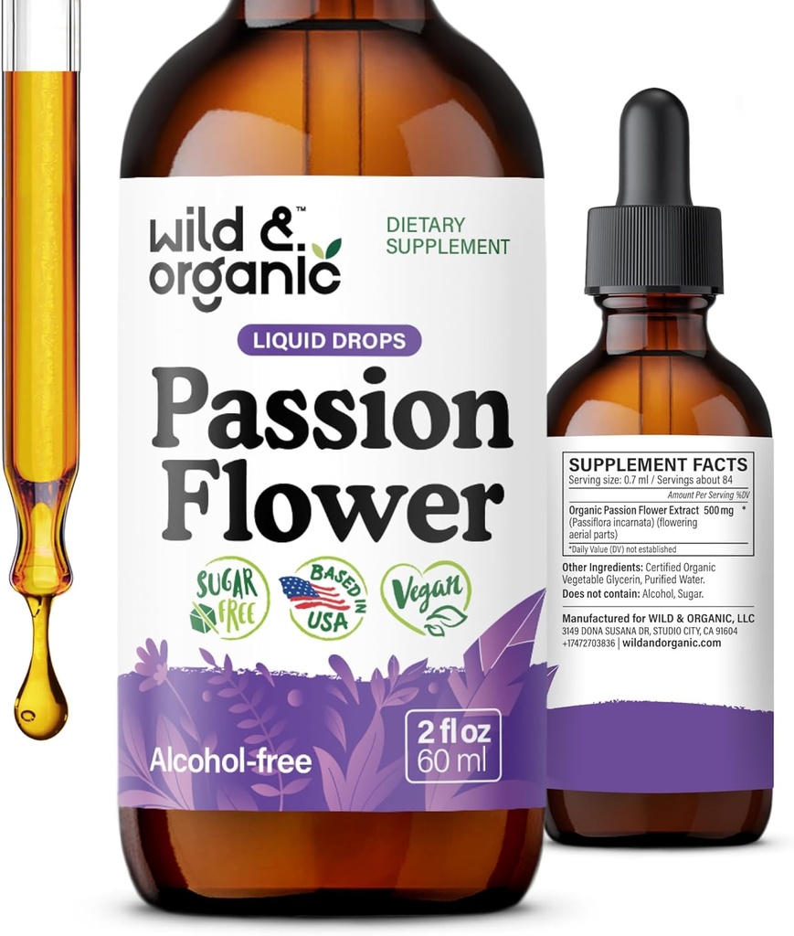 Tintura de Flores de Pasión Orgánica - Relajando las gotas de flores de Pasión para Mujeres - Liquid Passiflora Encarnata Herb - Vegan, Azúcar &amp; Alcohol-Free Extract Suplemento - 2 fl oz