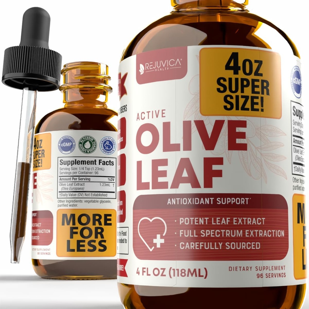 Rejuvica Health Active Olive Leaf 4oz XL Super Size Tintura - Advanced Olive Leaf Liquid Extract - Naturalmente Occurring Oleuropein - Immune & Heart Support Drops