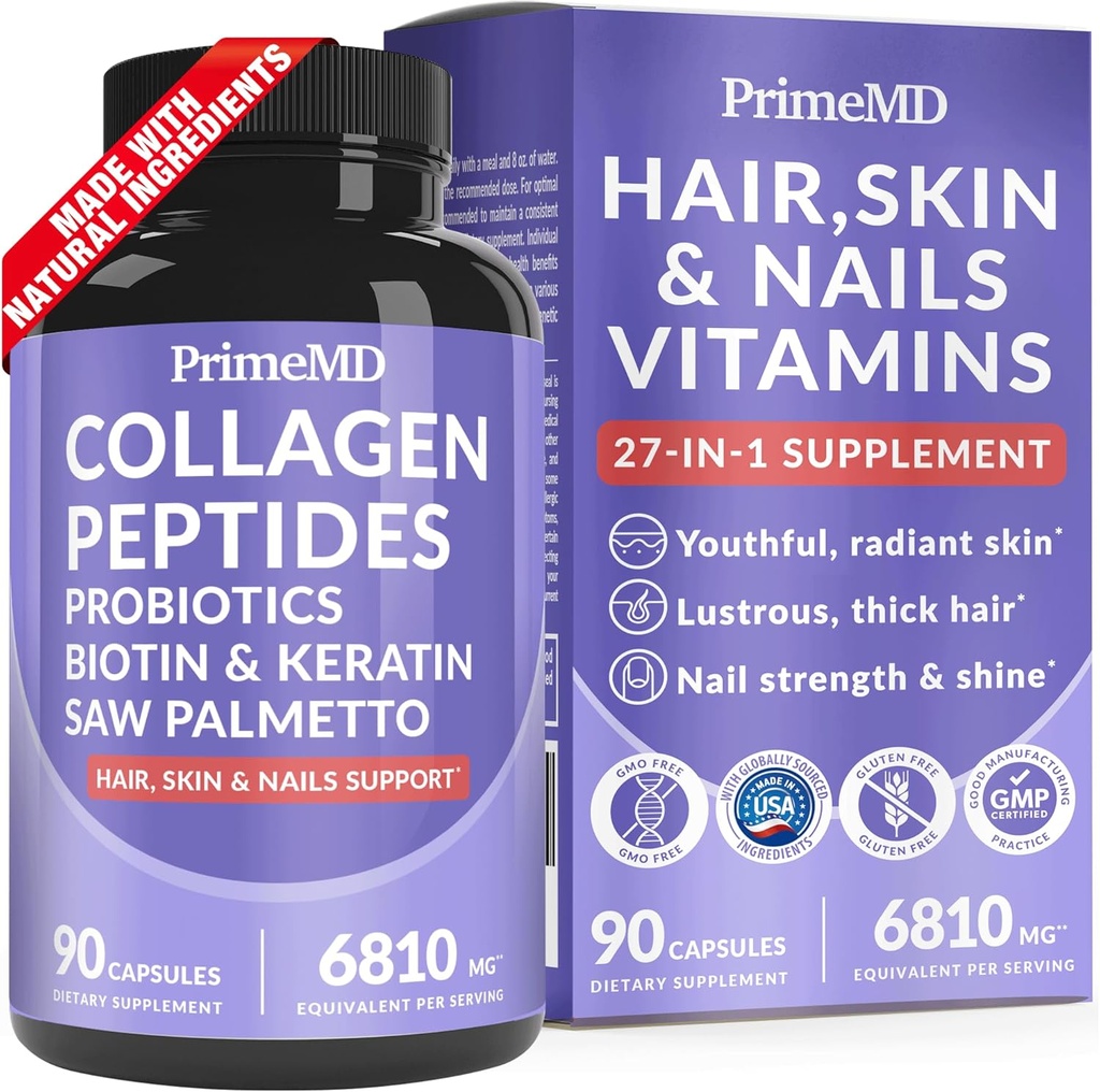 27-en-1 Peluquería y uñas Vitaminas (6810mg) con Biotina 10000mcg - Suplementos de colágeno para hombres y mujeres - suplementos de queratina con probióticos y Saw Palmetto, 90ct