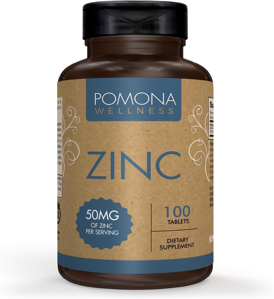 Pomona Wellness Suplementos Zinc Para Adultos, 50 mg, Salud de la piel y soporte para inmunes, Fácil de Tragar, Para Antioxidante y Salud General, Vegan, No GMO, 100 Tabletas