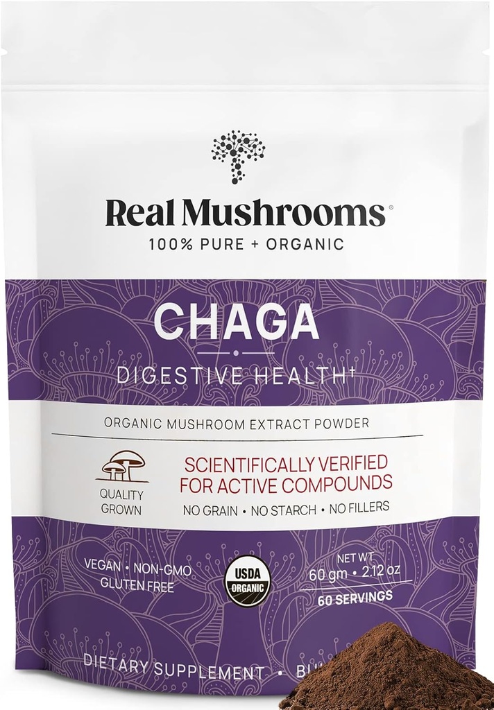 Mushrooms reales Chaga Mushroom Powder – Orgánica Chaga Extracto del Cuerpo de Fruto – para el Bienestar diario y el apoyo energético – Vegan, No GMO, 60 Servidores Suplemento de Mushroom