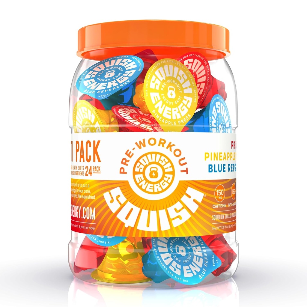 Squish Pre Workout Energy Shots, Beta-Alanine, Citrulline, Caffeine, L-Theanine, Alpha-GPC, Plant Based components support and enhance workouts, Blue Repsberry, Pineapple Press, PR Punch, 24 ct. Jar