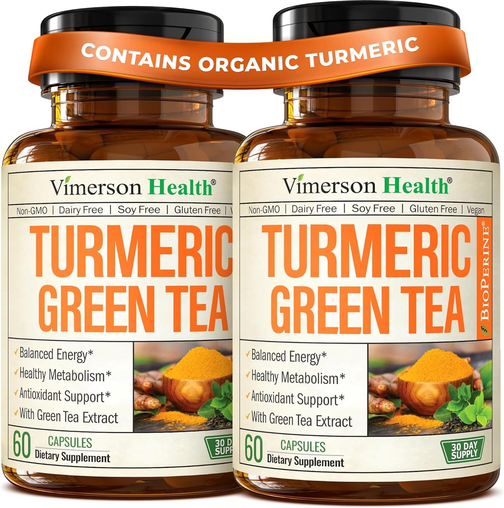 Suplemento de Curcumina Turmérica con Extracto de Té Verde (ECGC) " Vitamina C para la Salud Conjunta, Energía " Equilibrio de Inflamación - Curcumina Tumérica Orgánica con Pimienta Negra - Sin gluten, No GMO. 2-Pack