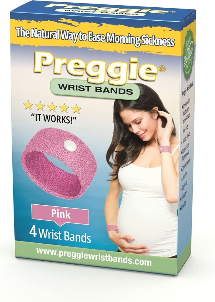 Preggie Anti-Nausea Wristbands – Morning Sickness Relief – Clinically Tested Nausea Relief Aid - Pregnancy Nausea Relief – Agupressure Wristband - Side Effect Gratis - 2 Parejas, Conjunto de 4 Bandas - Pink