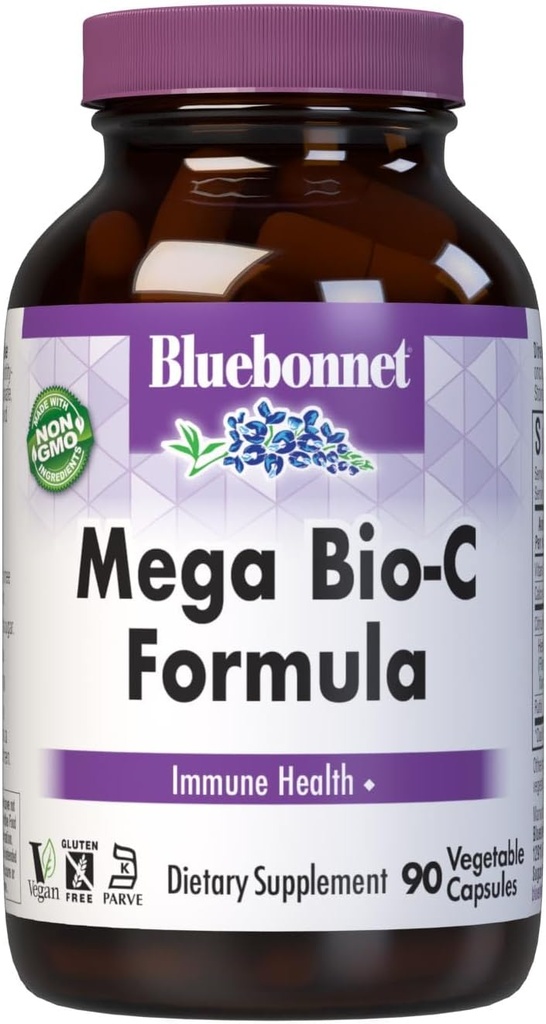 Bluebonnet Nutrition Mega Bio-C Fórmula cápsulas vegetales, alta potencia vitamina C amortiguada, para Immune Health, Soy Free, Gluten Free, Non-GMO, Kosher, Dairy Free, Vegan, 90 Conde
