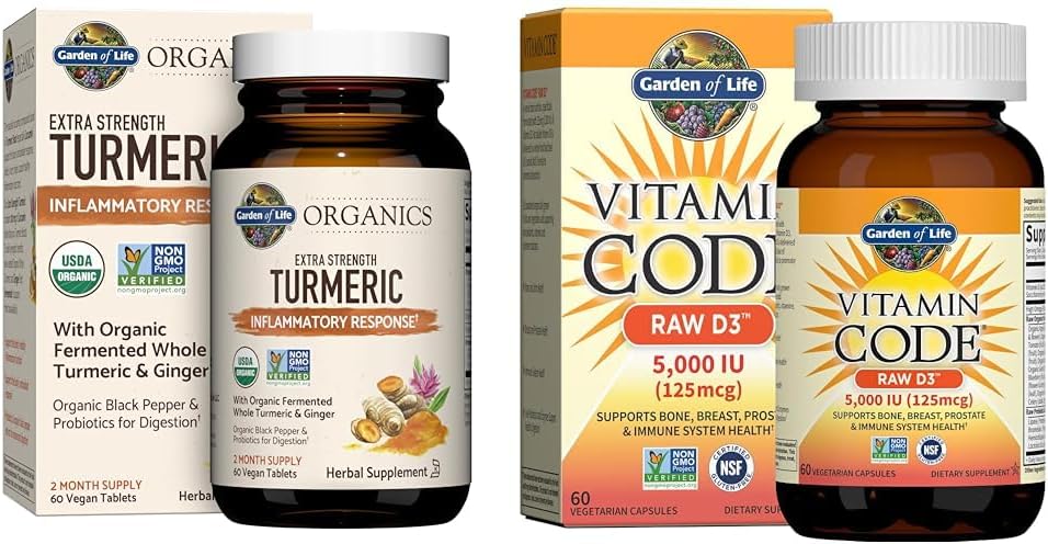 Garden of Life Turmeric Respuesta inflamatoria " Vitamina D3 Suplementos alimenticios integrales brutos, 60 Tablas " 60 cápsulas