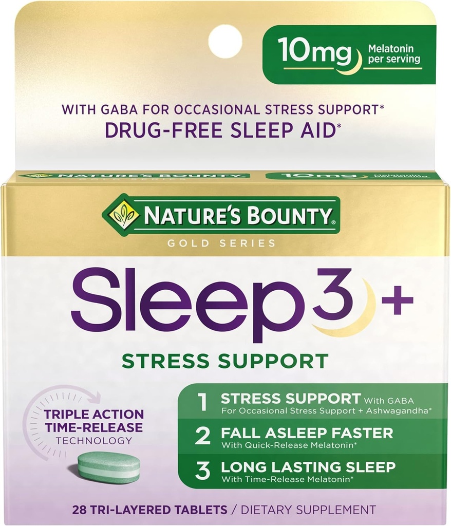 La recompensa de la naturaleza sueño + estrés apoyo, sueño3 maximum Strength 100% medicamentos sin dormir, suplemento dietético con Ashwagandha, tecnología de liberación del tiempo, 10mg, 28 tablas de tres capas