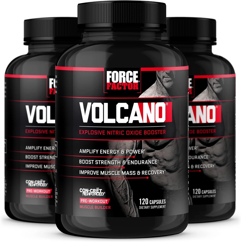 Volcán FACTOR Pre Workout Nitric Oxide Booster Suplemento para Hombres con Creatina y L-Citrulline para ayudar a Boost Nitric Oxide, Energía, Construir Muscle &amp; Mejorar el flujo sanguíneo, 120 Conde(Pack of 3)