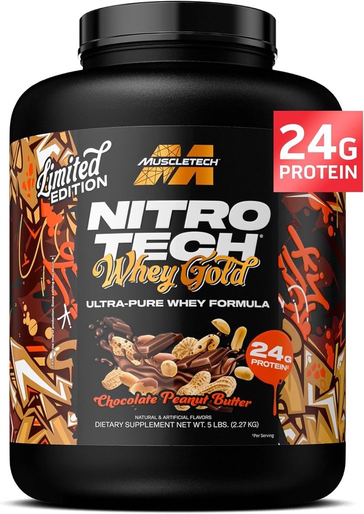 MuscleTech Whey Protein Powder (Chocolate Peanut Butter, 5LB) - Nitro-Tech Whey Protein Isolate Smoothie Mix para Lean Muscle & Fast Recovery - 24g de Whey Gold Protein para Hombres Mujer - Gluten-Free