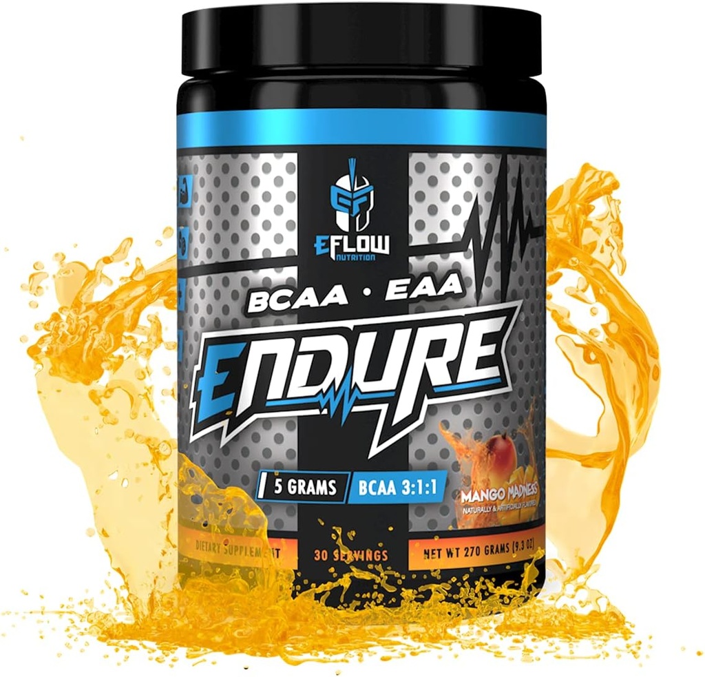 eFlow Nutrition Endure BCAA Plus EAA - Aminoácidos esenciales Electrolyte Powder Intra Workout - Mejorar la energía, la recuperación y el rendimiento - Mango Madness (30 Servimientos)