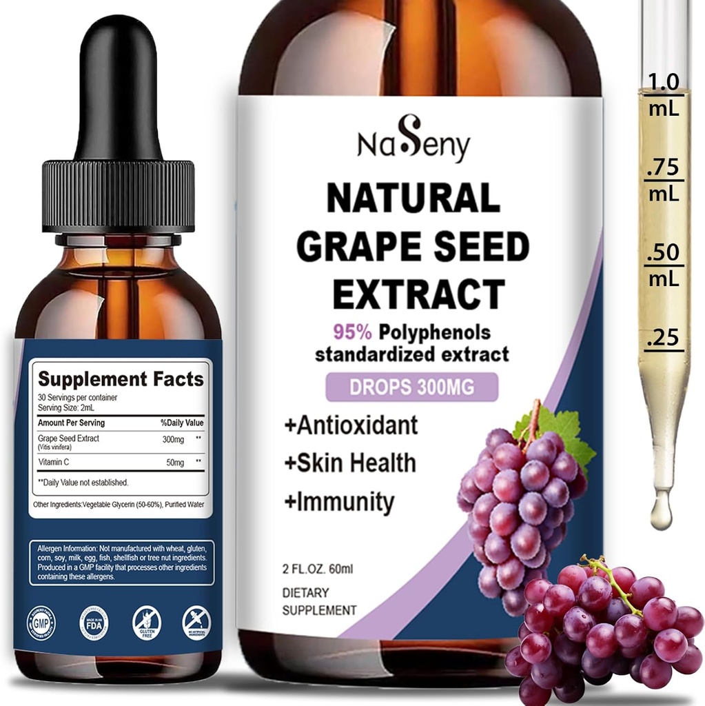 Extracto de semillas de uva natural gotas-300 mg Grape Seed Extract Liquid Supplement - Maximum Strength Vitis Vinifera Seed Tincture, Estándarizado a 95% Polyphenols, Non-GMO, Gluten Free (60ml)
