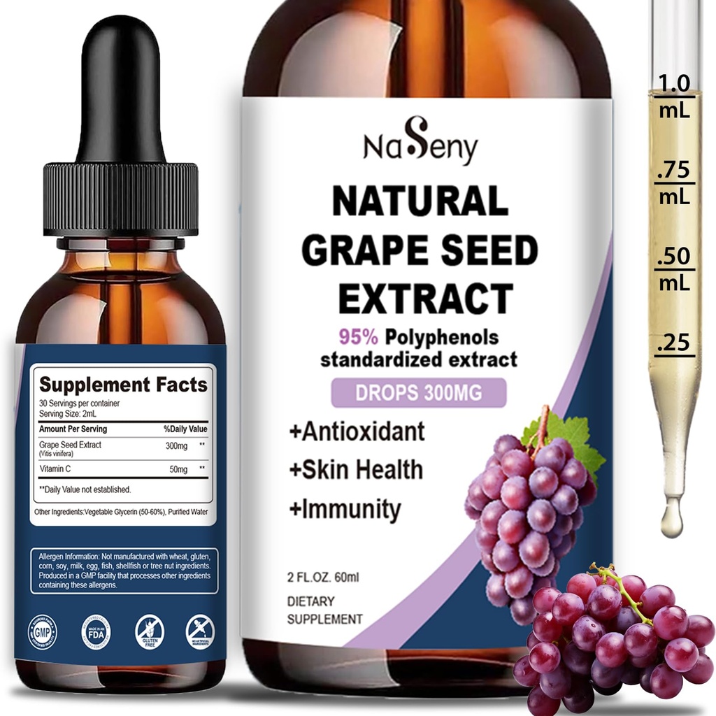 Natural Grape Seed Extract Drops-300 mg Grape Seed Extract Liquid Supplement - Maximum Strength Vitis Vinifera Seed Tincture, Standardized to 95% Polyphenols, Non-GMO, Gluten Free (60ml)