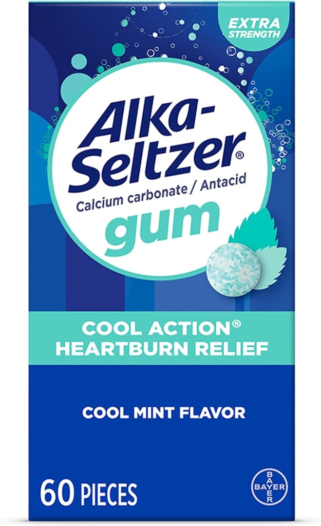 Alka-Seltzer Cool Action Heartburn Relief Gum, Extra Strength Antacid Gum, Acid Indigestion and Upset Stomach Relief, No Chalky Taste, Cool Mint Flavor, 60 Conde
