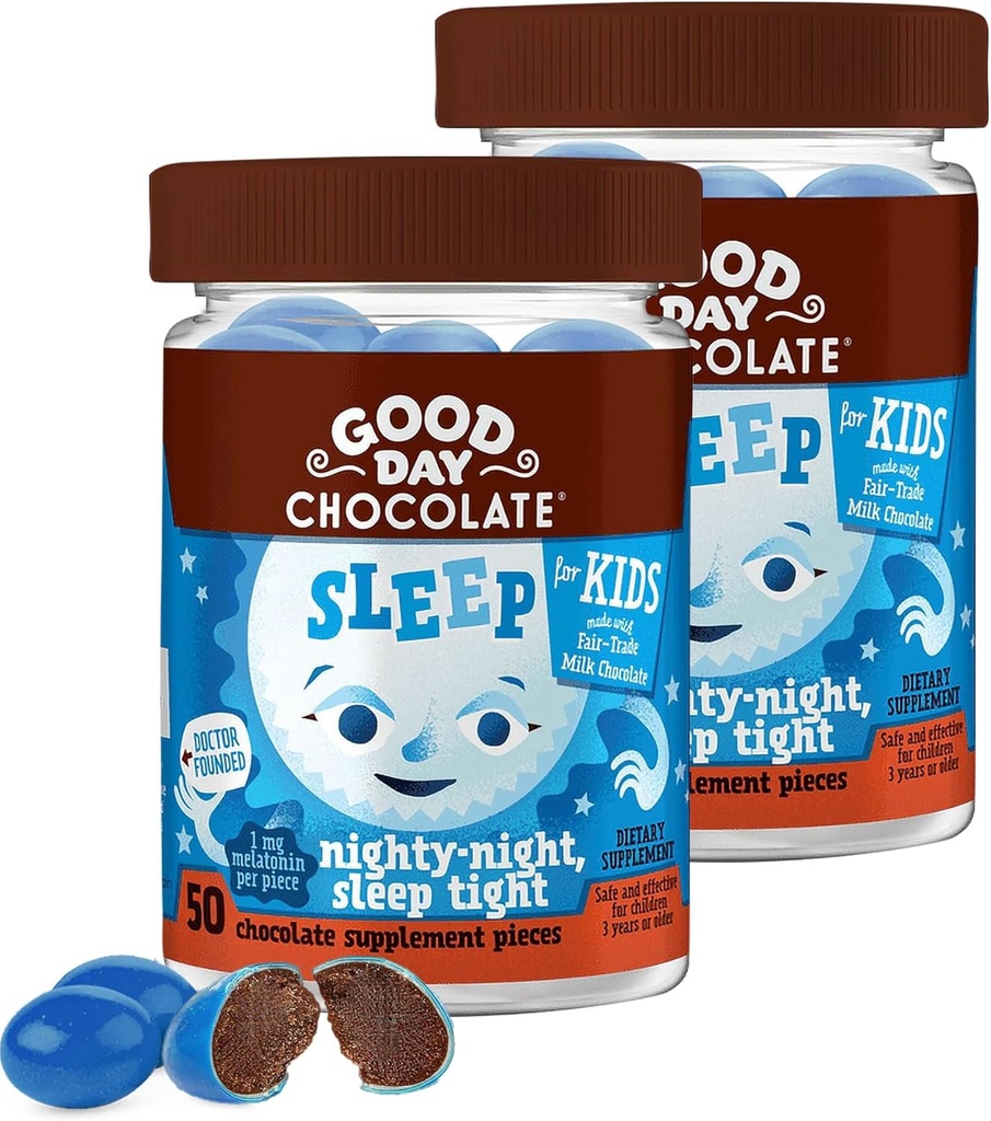 Melatonina de chocolate de buen día para niños [2 Pack] - Chocolate no transgénico de comercio justo con manzanilla y melatonina 1 mg - Toddler Melatonin, Kids Natural Sleep Aid for Ages 3 y Up