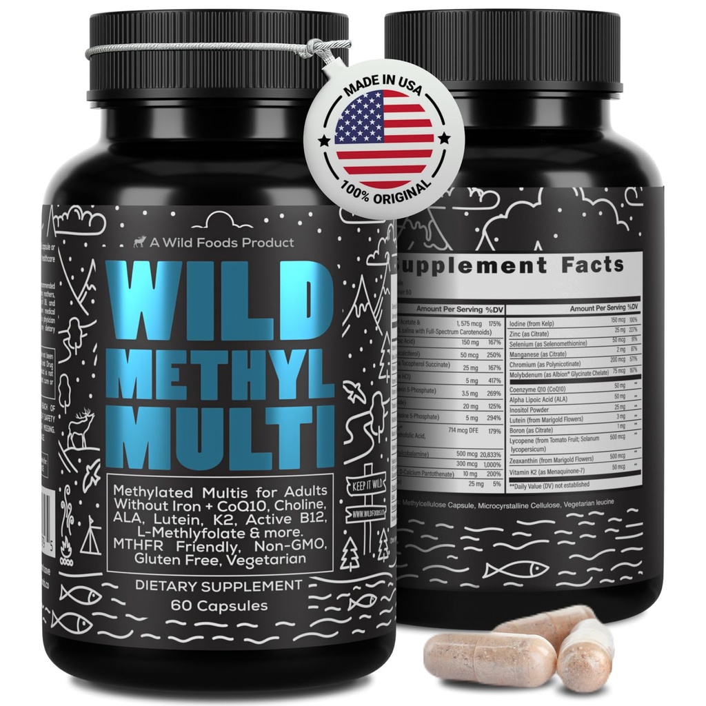 Wild Methylated Multivitamin for Women ' Men ← Daily Multi Vitamin ← MTHFR Suplemento Sin Hierro Silencio Methylated B12, Folate, Vitamina C, A, K2, D, E, Choline, Biotin, ALA, CoQ10 > Más (60 cápsulas)