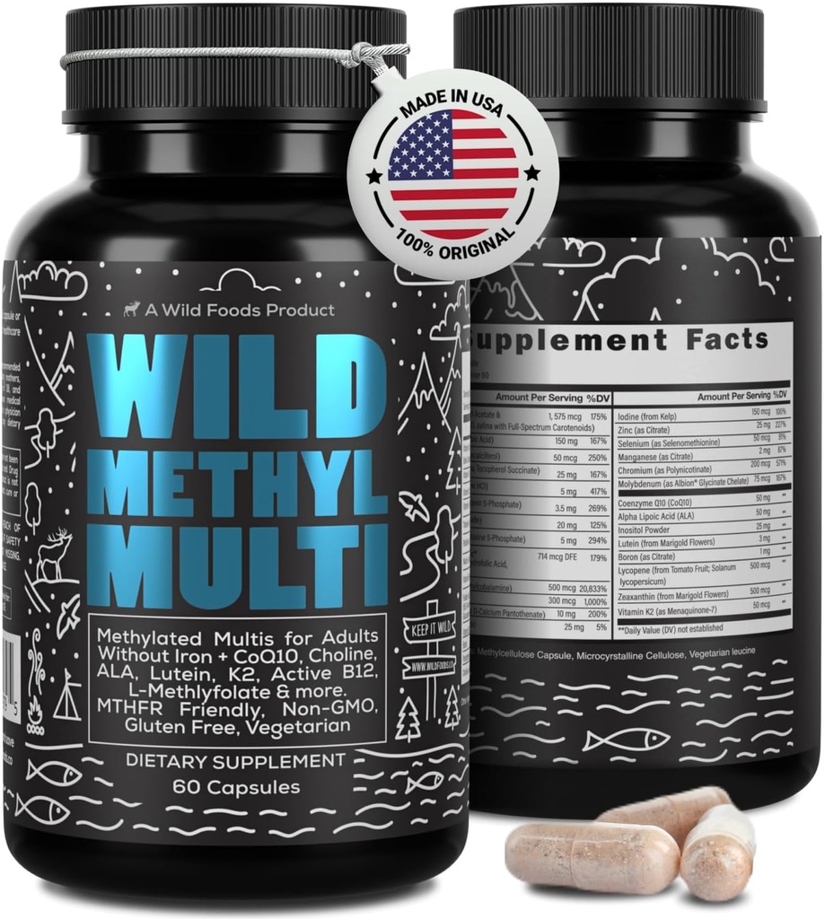 Wild Methylated Multivitamin for Women ' Men ← Daily Multi Vitamin ← MTHFR Suplemento Sin Hierro Silencio Methylated B12, Folate, Vitamina C, A, K2, D, E, Choline, Biotin, ALA, CoQ10 > Más (60 cápsulas)