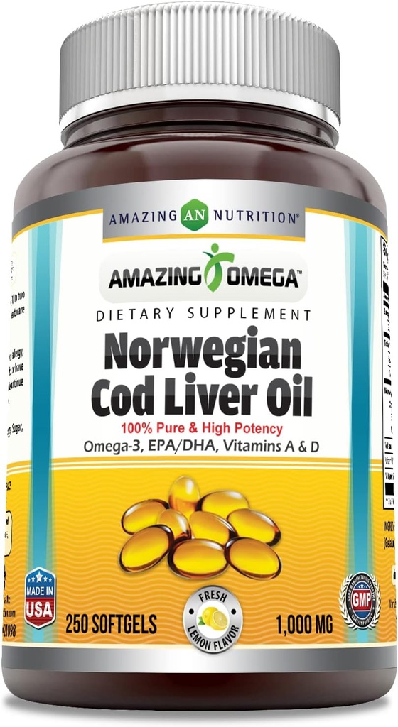 Amazing Omega Norwegian Cod Liver Oil 1000 Mg 250 Softgels ← Lemon Flavor