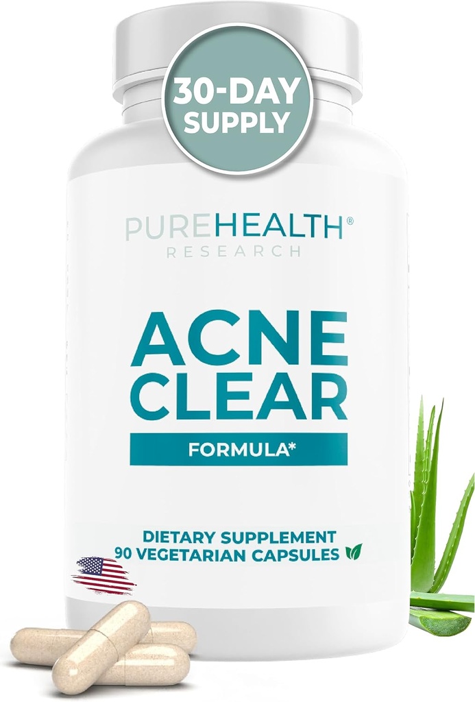 PUREHEALTH RESEARCH Acne Clear Formula - Acne Supplements for Clear Skin - DIM Supplement for Men & Women - with Milk Thistle, Zinc, Calcium, Vitamin D & E, Selenium, Rhodiola & More - 90 Capsules