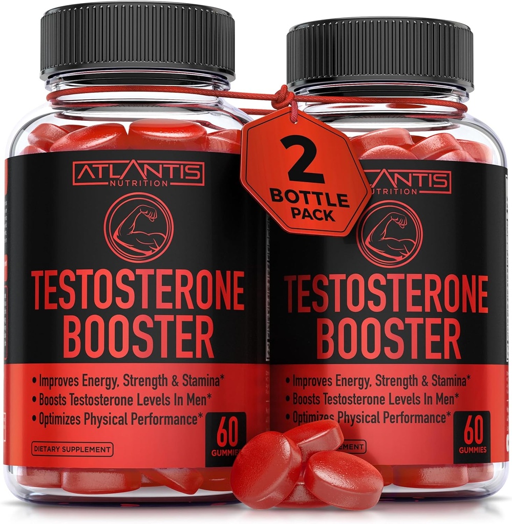 Atlantis Nutrition Testosterone Booster Gummies For Hombre - Enhances Strength &amp; Stamina - Optimizes Performance &amp; Male Enhancement - Made with Tribulus, Horny Goat Weed, Maca Root ← 2-Pack (120 Gummies)