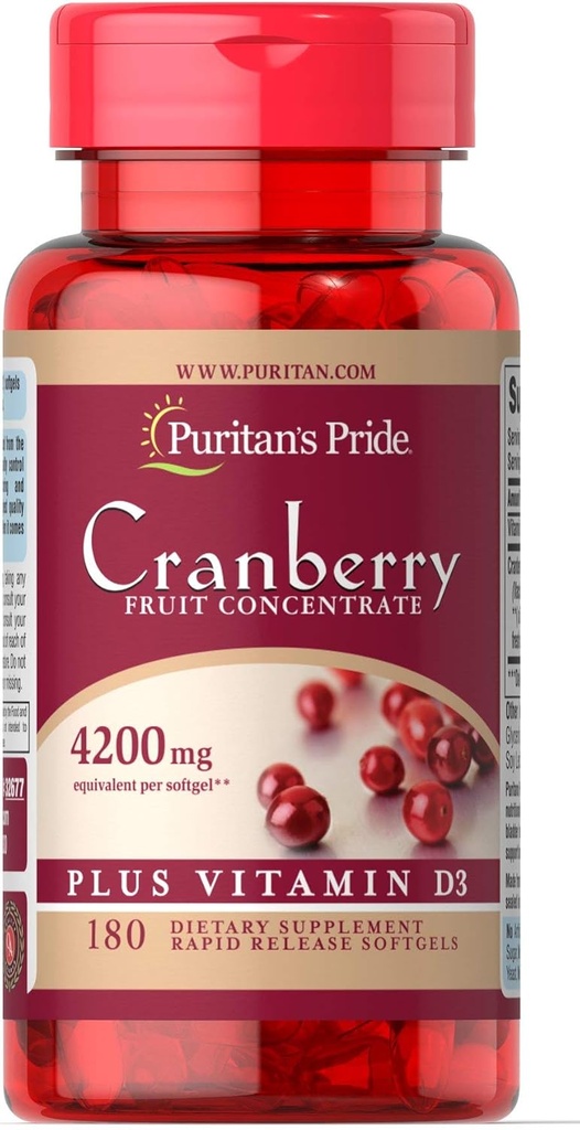 Concentrado de fruta de arándano de puritano más vitamina D3-180 Softgels