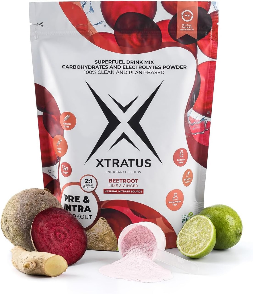 Beetroot (Nitrato) Lime and Ginger - Superfuel Sports Drink Powder con carbohidratos y minerales. Fuente natural de Nitrato. óxido nítrico. Formación previa e intra. 35,27Oz.