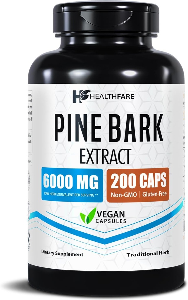 Saludfare Pine Bark Extracto 6000mg Francés Marítimo Silencio 200 Vegan Capsules ← Normalizado 95% OPC Proanthocyanidins ← Antioxidante Suplemento Herbal Silencio No GMO, Libre de gluten Silencio Hecho en Estados Unidos