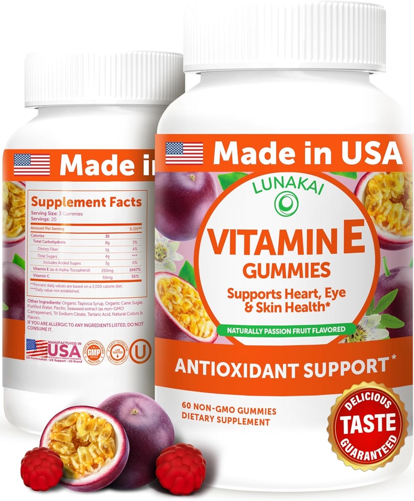 Lunakai EE.UU. hizo vitamina E Gummies 400IU con vitamina C - Delicious, Vegan, Suplemento no OGM para el soporte diario de piel y ojo, 60ct
